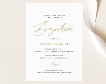 Gold Baptism Invitation Template, Free Demo Available, 5x7, Editable Instant Download