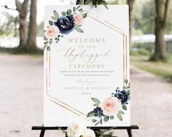 Unplugged Ceremony Sign Template, Navy & Blush Floral, Unplugged Wedding Sign, Printable, Editable, Templett INSTANT Download