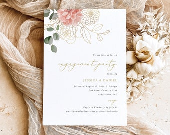 Engagement Party Invitation Template, Blush & Gold Flowers, Engagement Dinner Invite Printable, Editable,Templett INSTANT Download