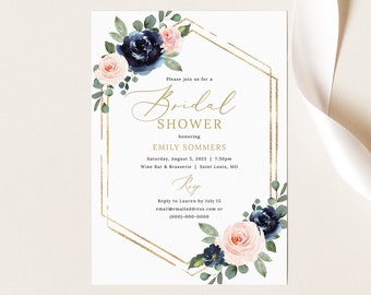 Bridal Shower Invitation Template, Navy & Blush Floral, Printable Bridal Shower Invite, Templett INSTANT Download, Editable