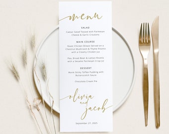 Wedding Menu Template, Gold, Modern Script, Editable, Modern Wedding Table Menu Card, Printable, Narrow Menu, Templett INSTANT Download