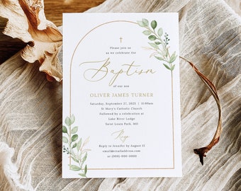 Baptism Invitation Template, Greenery Arch, Editable, Greenery Baptism Invitation Card, Printable, Baptism Invite, Templett INSTANT Download