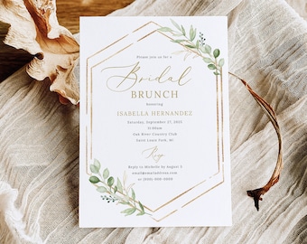 Bridal Brunch Invitation Template, Greenery Hexagonal, Editable Bridal Shower Brunch Invite, Printable, Templett INSTANT Download