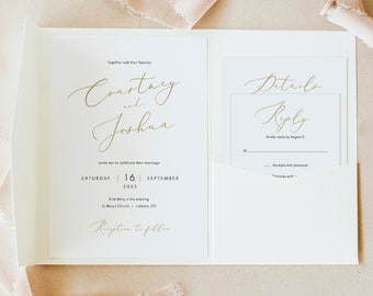 Wedding Invitation Template Set, Elegant Gold Script, Pocket Fold, Invite Set Printable, Editable, Templett, INSTANT Download