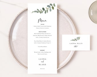 Wedding Menu & Name Card Template, Eucalyptus Greenery, Name Card, Printable, Editable Table Menu Template, Templett INSTANT Download