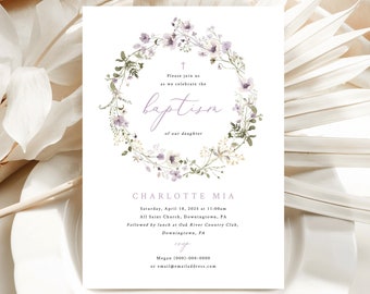 Baptism Invitation Template, Lavender Flowers, Baptism Invitation Card, Baptism Invite Printable, 5x7, Editable, Templett INSTANT Download