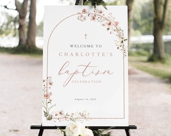Baptism Welcome Sign Template, Rustic Pink Flowers Arch, Blush Welcome To The Baptism Sign, Printable, Templett INSTANT Download, Editable