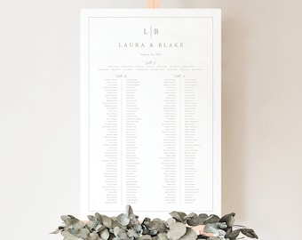 Wedding Banquet Seating Plan Template, Monogram & Border, Banquet Table Seating Chart Printable, Editable Poster, Templett INSTANT Download