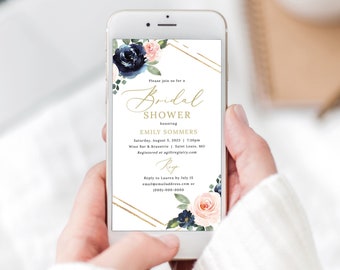 Bridal Shower Electronic Text Invitation Template, Navy & Blush Floral, Digital Bridal Shower Invite, Templett INSTANT Download