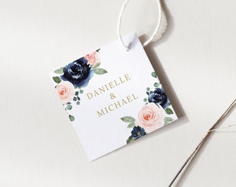 Square Wedding Favor Tag Template, Navy & Blush Floral, Square Favor Tag, Printable, Editable, Templett INSTANT Download