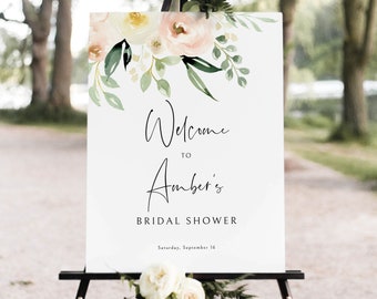 Bridal Shower Welcome Sign Template, Printable Sign, Templett Instant Download, Try Before Purchase, Pink Floral Greenery Ivory