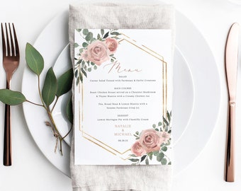 Wedding Menu Template, Dusky Pink Floral, Boho Wedding, 5x7 Dinner Menu Card, Printable, Templett INSTANT Download