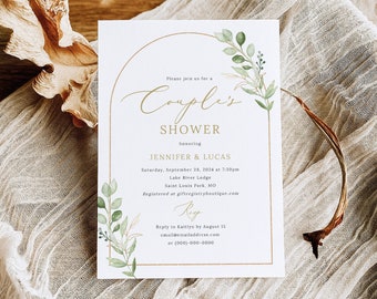 Couples Shower Invitation Template, Greenery Arch, Editable, Green Leaves Couples Shower Invite Card, Printable, Templett INSTANT Download