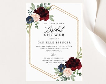 Bridal Shower Invitation Template, Templett Printable, Editable Instant Download, Burgundy Navy