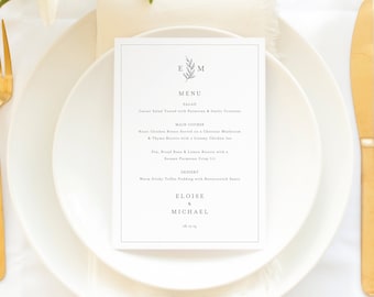 Wedding Menu Template, Leaf Monogram Border, Elegant Wedding Monogram, Table Menu Card, Printable, Editable, Templett INSTANT Download