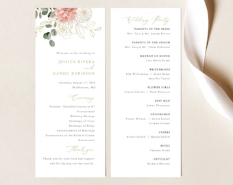 Wedding Program Template, Blush & Gold Flowers, Wedding Ceremony Program Printable, Order Of Service, Long, Thin, Templett INSTANT Download