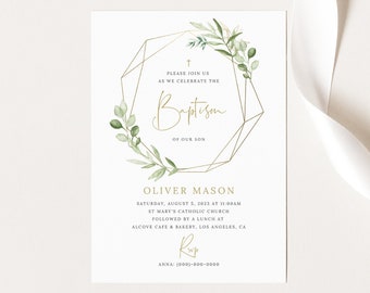 Baptism Invitation Template, Editable Printable Instant Download, Greenery & Gold