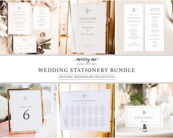 Wedding Bundle Template Set, Leaf Monogram Border, Wedding Stationery Bundle, Printable, Wedding Monogram, Templett INSTANT Download