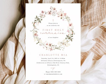 First Holy Communion Invitation Template, Rustic Pink Flowers, Printable, Editable First Communion Invite Card, Templett INSTANT Download