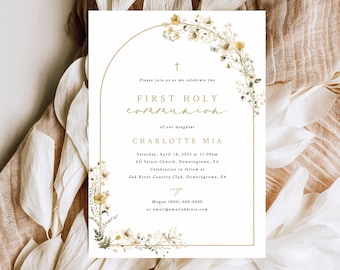 First Communion Invitation Template, Rustic Yellow Flower Arch, Editable, First Holy Communion Invite, Printable, Templett INSTANT Download