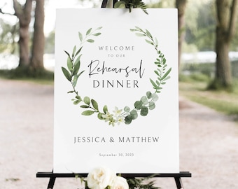 Elegant Greenery Rehearsal Dinner Welcome Sign Template, Rehearsal Dinner Sign Printable, Templett Editable, Instant Download