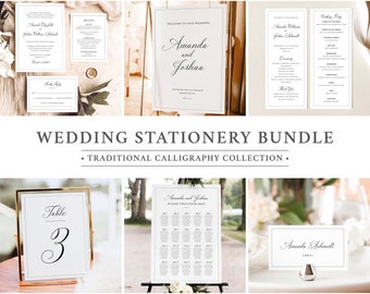 Wedding Template Bundle, Traditional Wedding Calligraphy & Border, Editable, Wedding Stationery Bundle, Printable, Templett INSTANT Download