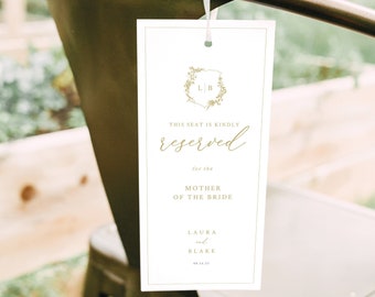 Reserved Seating Tag Template, Gold, Wedding Crest & Monogram, Editable, 4x9, Reserved Seat Sign, Printable, Templett INSTANT Download