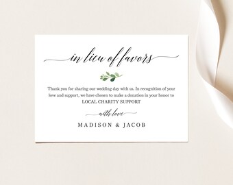 In Lieu of Favors Card Template, Greenery Leaf,  Editable Instant Download, Try Before Purchase