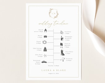 Wedding Itinerary Card Template, Gold, Wedding Crest & Monogram, Editable, Wedding Timeline Card, Printable, Templett INSTANT Download