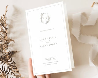 Wedding Program Template, Botanical Crest, Folded Wedding Ceremony Program, Four Page, Printable, Templett INSTANT Download, Editable