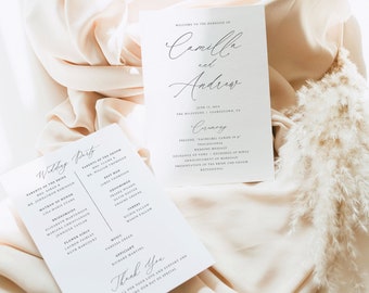 Wedding Ceremony Program Template, Modern Stylish Script, Elegant Wedding Program, Printable, 5x7, Editable, Templett INSTANT Download