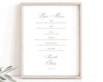 Wedding Bar Menu Template, Calligraphy, Wedding Bar Menu Sign, Printable, Drinks Menu Sign, Editable, 8x10, Templett INSTANT Download