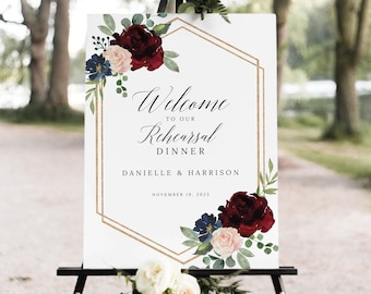 Rehearsal Dinner Welcome Sign Template, Burgundy Navy, Wedding Rehearsal Sign, Printable, Merlot Wine, Templett INSTANT Download, Vertical