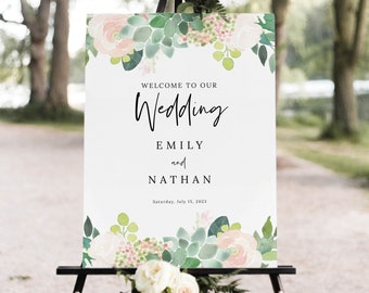 Succulent Floral Wedding Welcome Sign Template, Greenery Wedding Sign Printable, Templett, Editable, INSTANT Download