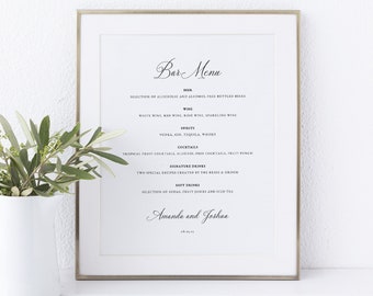 Wedding Bar Menu Template, Traditional Wedding Calligraphy, Wedding Drinks Menu, Printable, Editable, Templett INSTANT Download