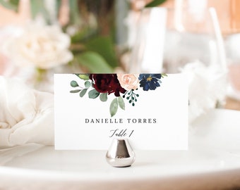 Place Card Template, Burgundy Navy, Editable Instant Download, Templett Printable