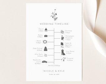 Wedding Itinerary Card Template, Elegant Botanic Flowers, Editable, Botanical Wedding Timeline Card, Printable, Templett INSTANT Download