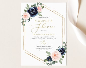 Couples Shower Invitation Template, Navy & Blush Floral, Couples Shower Invite Printable, Editable, Templett INSTANT Download