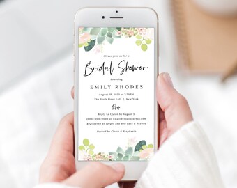 Succulent Floral Bridal Shower Text Invitation Template, Green & Blush, Electronic Invite, Instant Download, Templett Editable