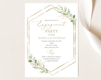 Engagement Party Invitation Template, Greenery Hexagonal, Editable & Printable Instant Download, Templett, Try Before Purchase