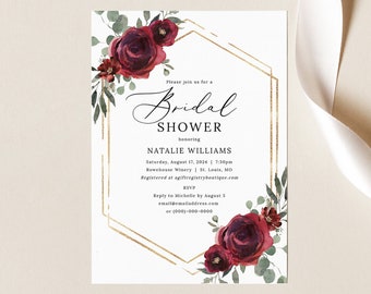 Bridal Shower Invitation Template, Elegant Burgundy Floral, Editable Burgundy Bridal Shower Invite, Printable, Templett INSTANT Download