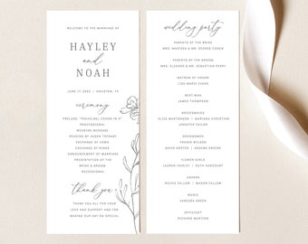 Wedding Program Template, Elegant Botanical, Wedding Ceremony Program, Printable, Tall Program, Editable, Templett INSTANT Download