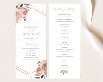 Wedding Program Template, Dusky Pink Floral, Wedding Ceremony Program, Printable, Editable, Templett INSTANT Download