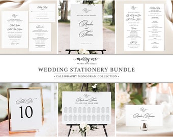 Wedding Bundle Template Set, Traditional Wedding, Calligraphy Monogram, Wedding Stationery Bundle Printables, Templett INSTANT Download