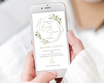 Bridal Shower Text Invitation Template, Greenery & Gold, Editable Electronic Invite, Instant Download, Templett