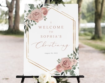 Christening Welcome Sign Template, Dusky Pink Floral, Elegant Christening Sign, Printable, Dusty Pink, Templett INSTANT Download, Editable