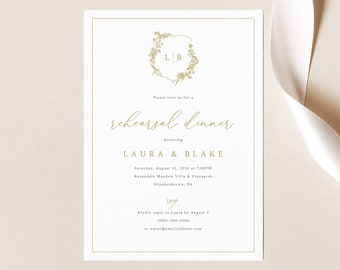 Rehearsal Dinner Invitation Template, Gold, Wedding Crest & Monogram, Editable Rehearsal Invitation, Printable, Templett INSTANT Download