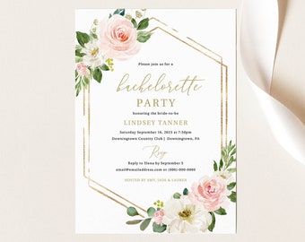 Bachelorette Party Invitation Template, Editable Instant Download, Try Before Purchase, Blush Floral Hexagonal