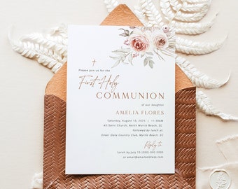 First Holy Communion Invitation Template, Floral Boho, Editable, Boho First Communion Invite Card, Printable, Templett INSTANT Download