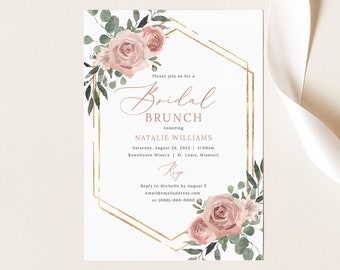 Bridal Brunch Invitation Template, Pink Floral Greenery, Boho Bridal Shower Brunch Invite, Printable, Editable, Templett INSTANT Download